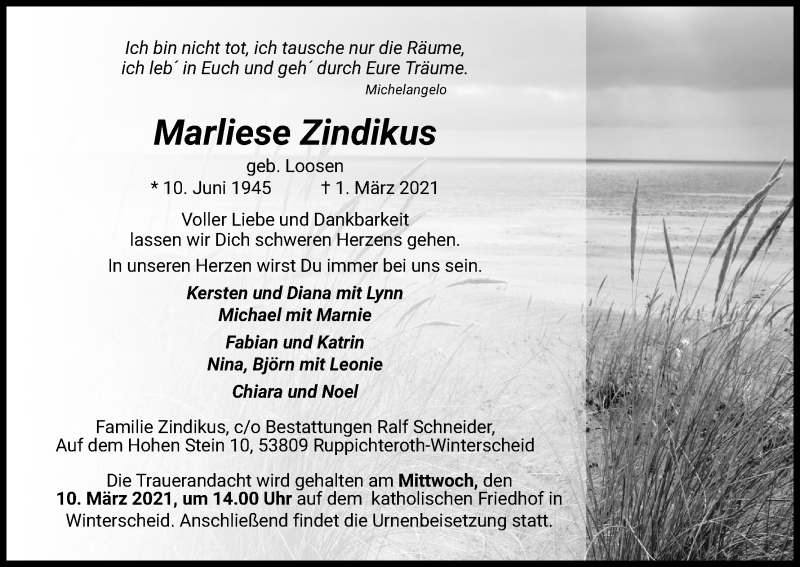  Traueranzeige für Marliese Zindikus vom 05.03.2021 aus Kölner Stadt-Anzeiger / Kölnische Rundschau / Express