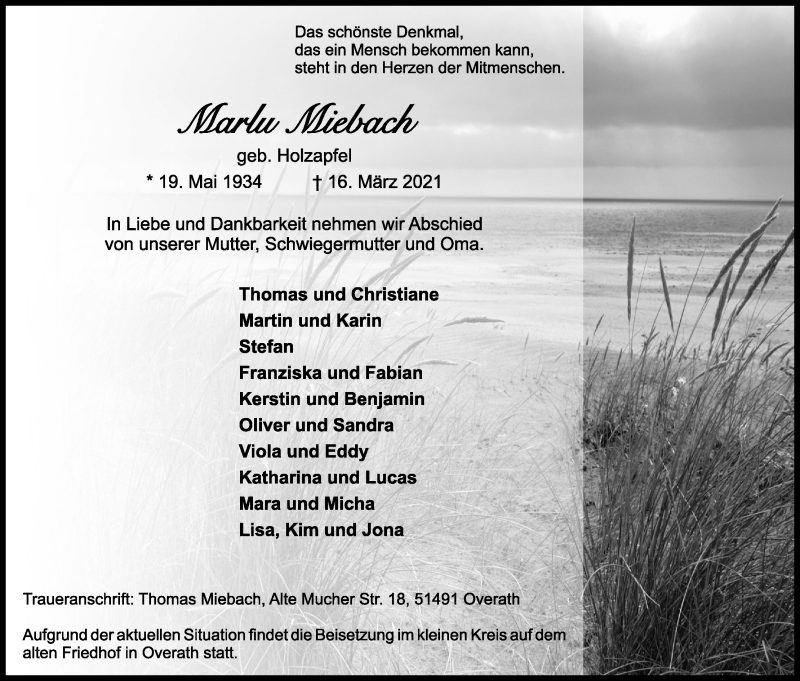  Traueranzeige für Marlu Miebach vom 20.03.2021 aus Kölner Stadt-Anzeiger / Kölnische Rundschau / Express
