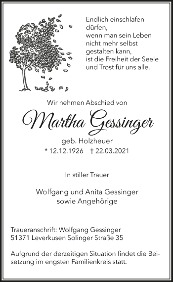 Anzeige von Martha Gessinger von  Lokale Informationen 