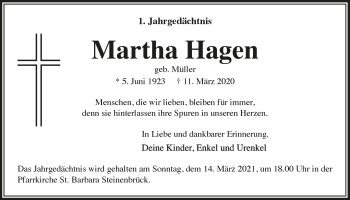 Anzeige von Martha Hagen von  Bergisches Handelsblatt 