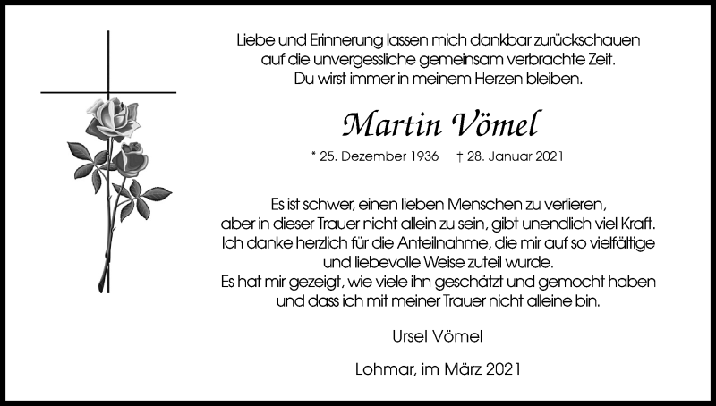  Traueranzeige für Martin Vömel vom 06.03.2021 aus Kölner Stadt-Anzeiger / Kölnische Rundschau / Express