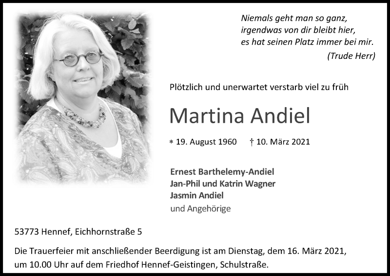  Traueranzeige für Martina Andiel vom 13.03.2021 aus Kölner Stadt-Anzeiger / Kölnische Rundschau / Express