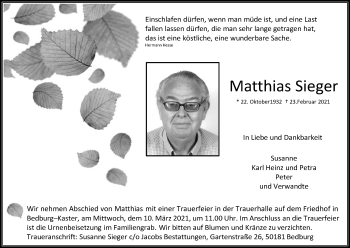 Anzeige von Matthias Sieger von Kölner Stadt-Anzeiger / Kölnische Rundschau / Express