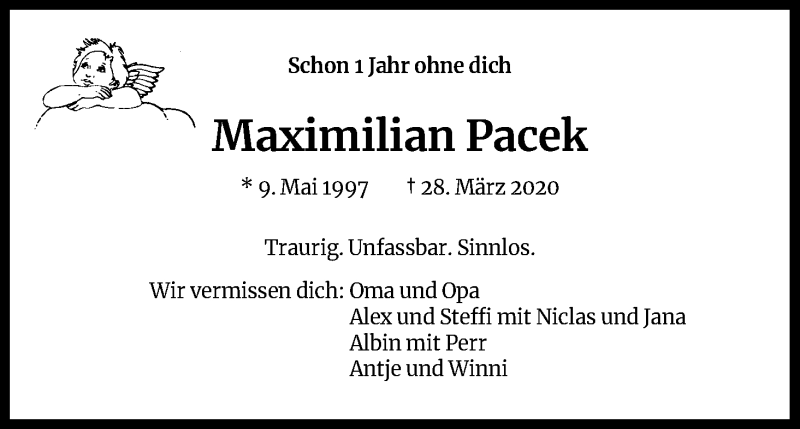  Traueranzeige für Maximilian Pacek vom 27.03.2021 aus Kölner Stadt-Anzeiger / Kölnische Rundschau / Express