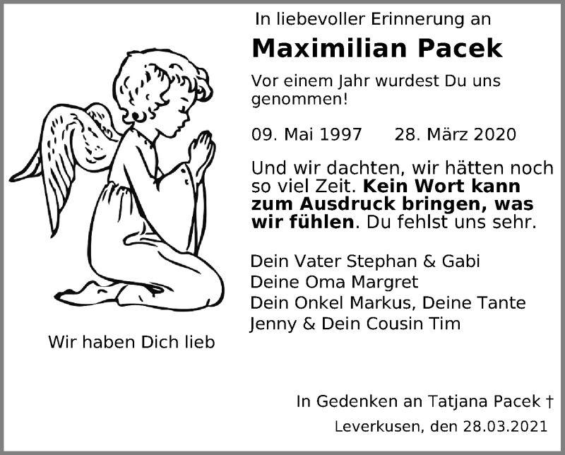  Traueranzeige für Maximilian Pacek vom 27.03.2021 aus Kölner Stadt-Anzeiger / Kölnische Rundschau / Express