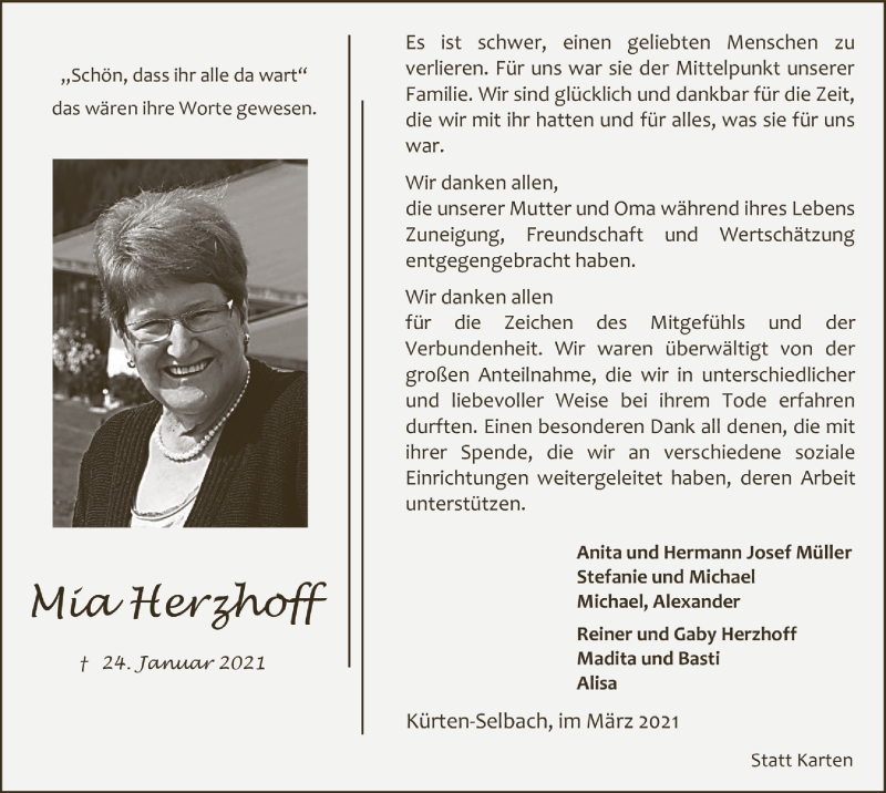  Traueranzeige für Mia Herzhoff vom 05.03.2021 aus  Bergisches Handelsblatt 