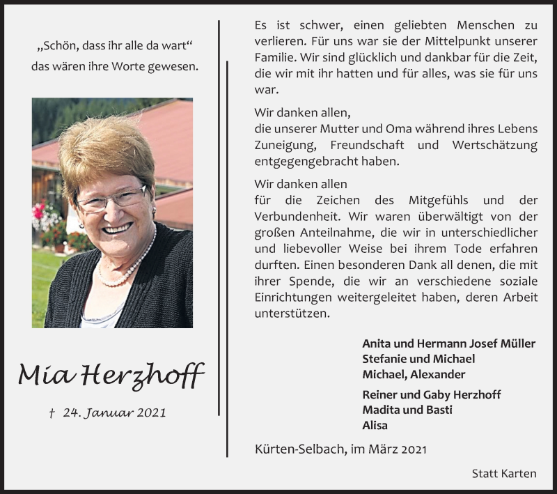  Traueranzeige für Mia Herzhoff vom 06.03.2021 aus Kölner Stadt-Anzeiger / Kölnische Rundschau / Express