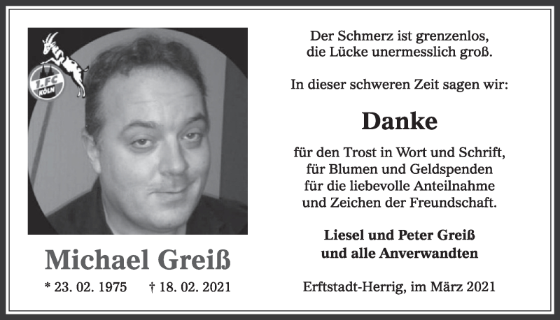  Traueranzeige für Michael Greiß vom 19.03.2021 aus  Werbepost 
