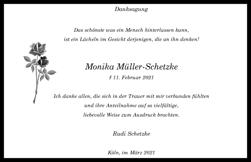  Traueranzeige für Monika Müller-Schetzke vom 20.03.2021 aus Kölner Stadt-Anzeiger / Kölnische Rundschau / Express