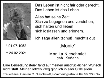 Anzeige von Monika Nieschmidt von Kölner Stadt-Anzeiger / Kölnische Rundschau / Express
