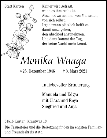 Anzeige von Monika Waaga von Kölner Stadt-Anzeiger / Kölnische Rundschau / Express