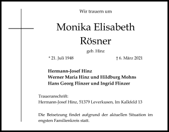 Anzeige von Monika Elisabeth Rösner von Kölner Stadt-Anzeiger / Kölnische Rundschau / Express
