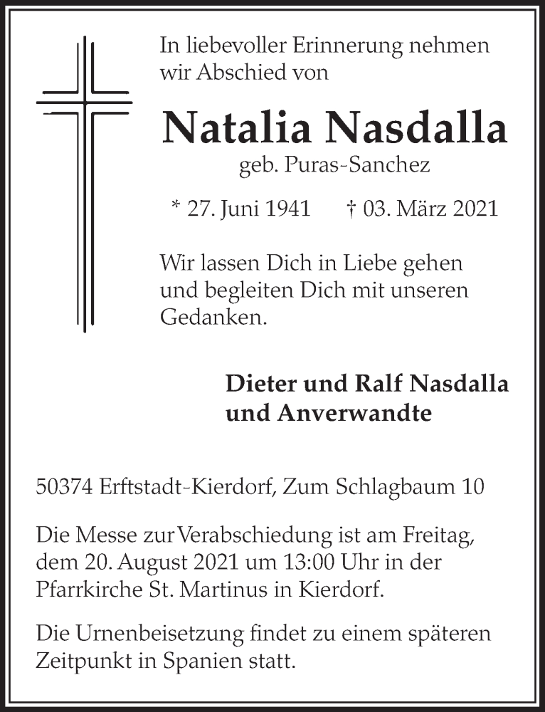  Traueranzeige für Natalia Nasdalla vom 12.03.2021 aus  Werbepost 