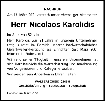 Anzeige von Nicolaos Karolidis von Kölner Stadt-Anzeiger / Kölnische Rundschau / Express