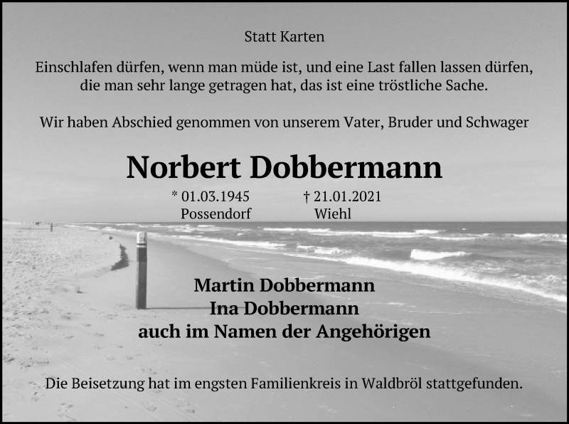  Traueranzeige für Norbert Dobbermann vom 06.03.2021 aus Kölner Stadt-Anzeiger / Kölnische Rundschau / Express