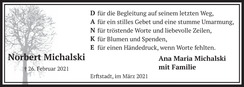  Traueranzeige für Norbert Michalski vom 26.03.2021 aus  Werbepost 
