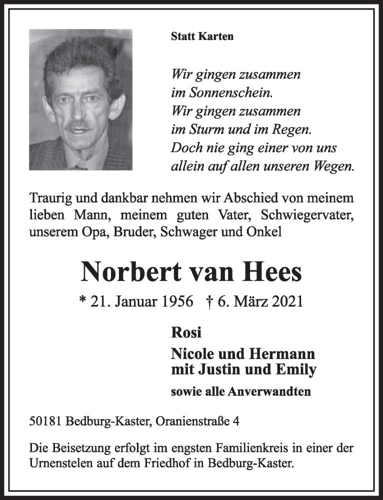  Traueranzeige für Norbert van Hees vom 12.03.2021 aus  Werbepost 