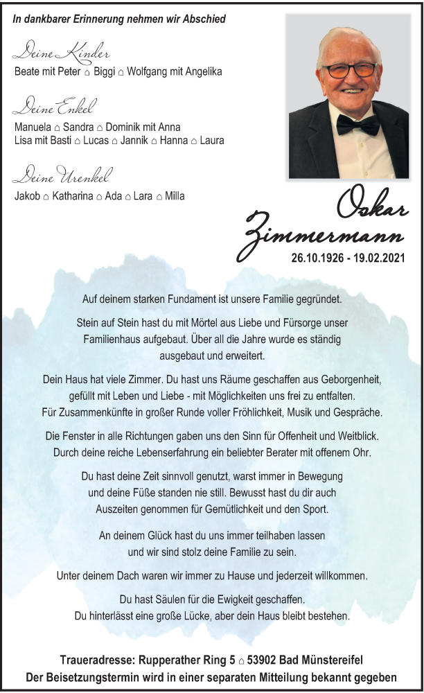  Traueranzeige für Oskar Zimmermann vom 06.03.2021 aus Kölner Stadt-Anzeiger / Kölnische Rundschau / Express
