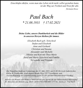 Anzeige von Paul Bach von Kölner Stadt-Anzeiger / Kölnische Rundschau / Express