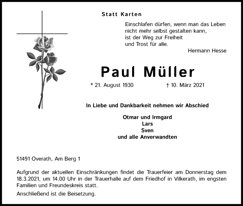  Traueranzeige für Paul Müller vom 13.03.2021 aus Kölner Stadt-Anzeiger / Kölnische Rundschau / Express