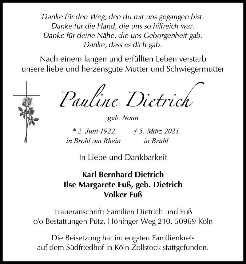  Traueranzeige für Pauline Dietrich vom 13.03.2021 aus Kölner Stadt-Anzeiger / Kölnische Rundschau / Express