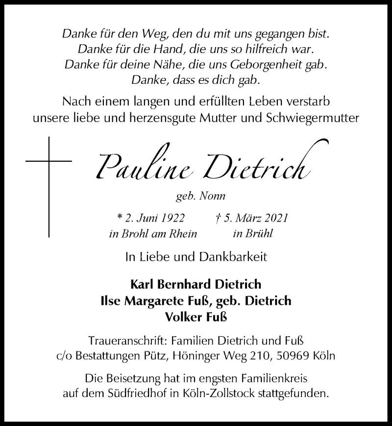  Traueranzeige für Pauline Dietrich vom 12.03.2021 aus  Schlossbote/Werbekurier 