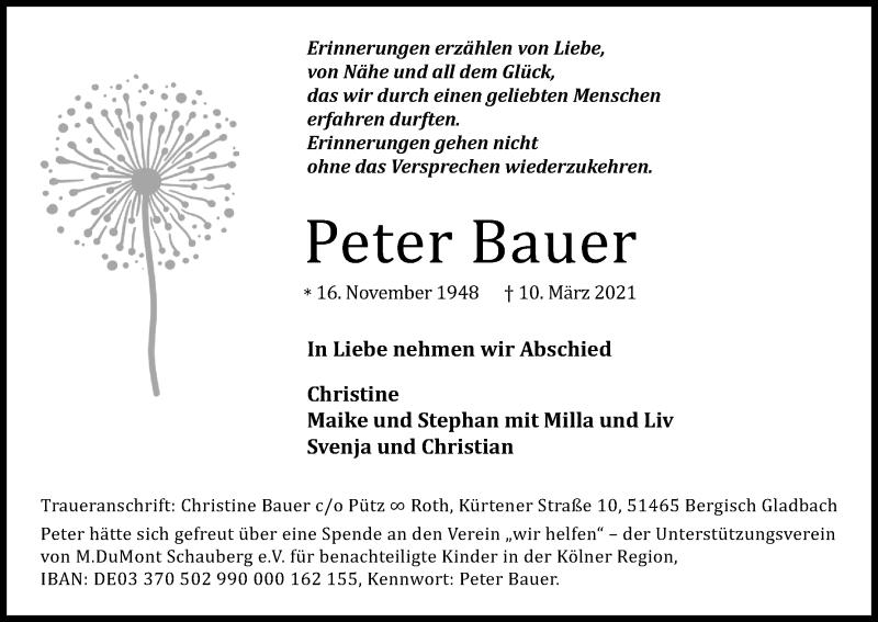  Traueranzeige für Peter Bauer vom 20.03.2021 aus Kölner Stadt-Anzeiger / Kölnische Rundschau / Express