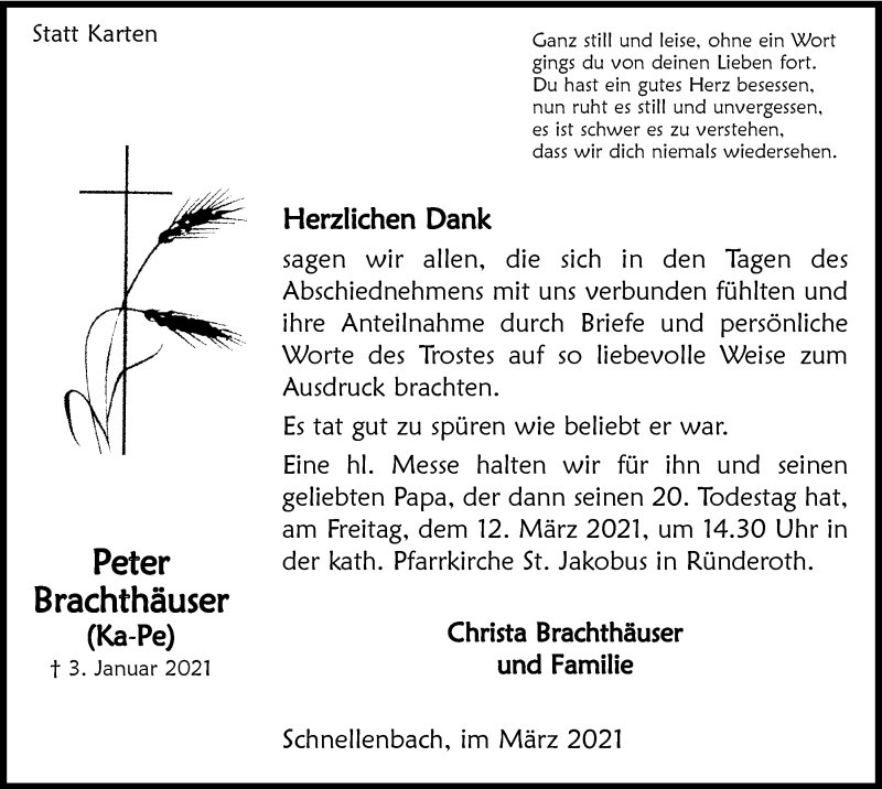  Traueranzeige für Peter Brachthäuser vom 05.03.2021 aus  Anzeigen Echo 