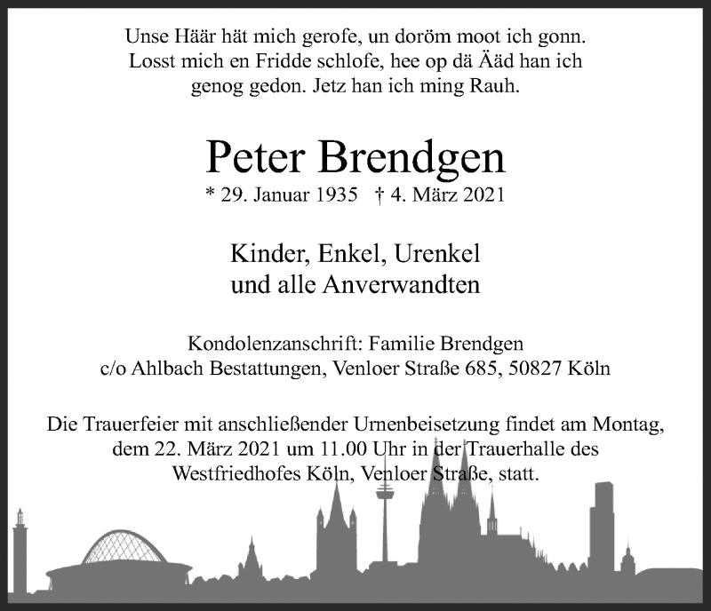  Traueranzeige für Peter Brendgen vom 20.03.2021 aus Kölner Stadt-Anzeiger / Kölnische Rundschau / Express