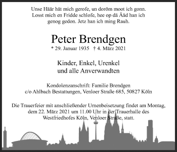 Anzeige von Peter Brendgen von Kölner Stadt-Anzeiger / Kölnische Rundschau / Express