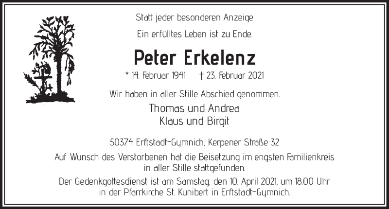  Traueranzeige für Peter Erkelenz vom 05.03.2021 aus  Werbepost 