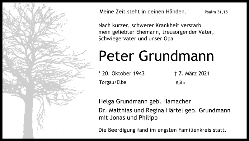  Traueranzeige für Peter Grundmann vom 13.03.2021 aus Kölner Stadt-Anzeiger / Kölnische Rundschau / Express
