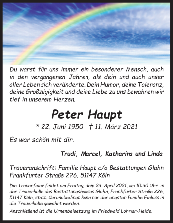 Anzeige von Peter Haupt von Kölner Stadt-Anzeiger / Kölnische Rundschau / Express