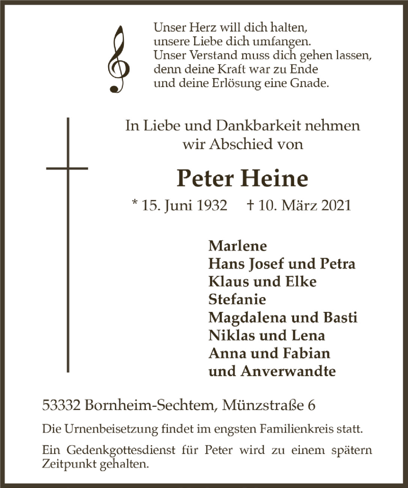  Traueranzeige für Peter Heine vom 19.03.2021 aus  Schaufenster/Blickpunkt  Schlossbote/Werbekurier 