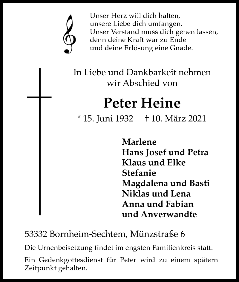  Traueranzeige für Peter Heine vom 13.03.2021 aus Kölner Stadt-Anzeiger / Kölnische Rundschau / Express