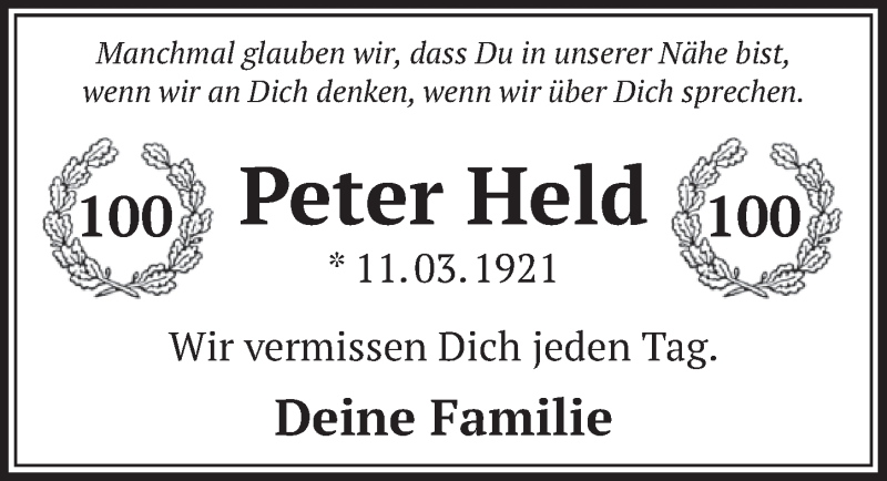  Traueranzeige für Peter Held vom 12.03.2021 aus  Schlossbote/Werbekurier 
