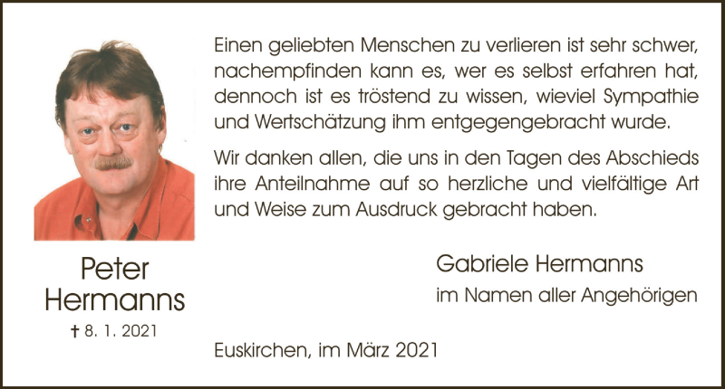  Traueranzeige für Peter Hermanns vom 06.03.2021 aus  Schaufenster/Blickpunkt 