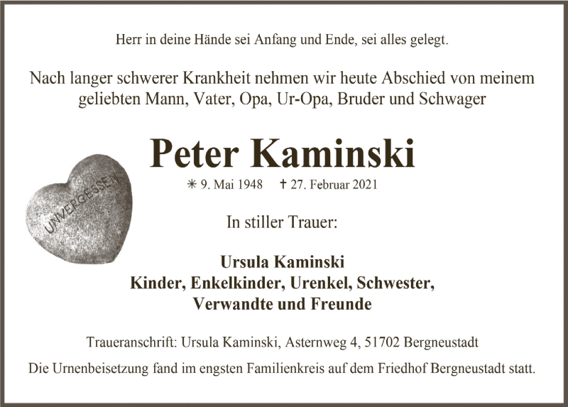  Traueranzeige für Peter Kaminski vom 12.03.2021 aus  Anzeigen Echo 