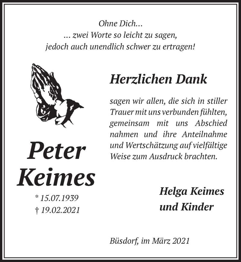  Traueranzeige für Peter Keimes vom 19.03.2021 aus  Werbepost 