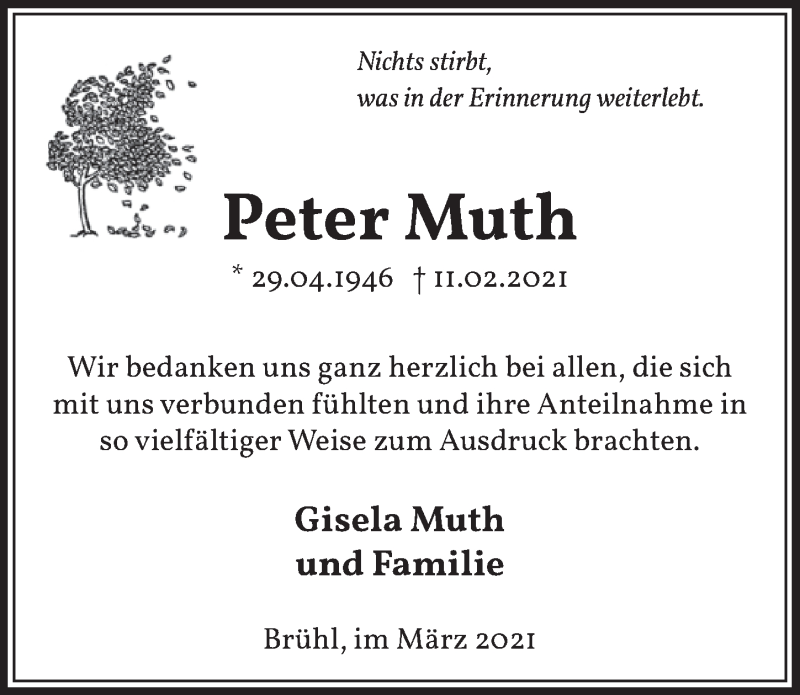  Traueranzeige für Peter Muth vom 19.03.2021 aus  Schlossbote/Werbekurier 