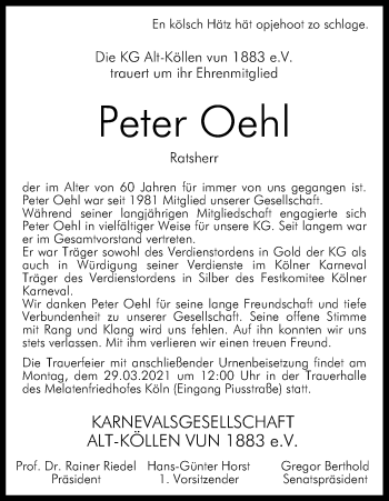 Anzeige von Peter Oehl von Kölner Stadt-Anzeiger / Kölnische Rundschau / Express