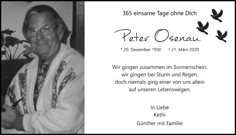  Traueranzeige für Peter Osenau vom 19.03.2021 aus  Bergisches Handelsblatt 