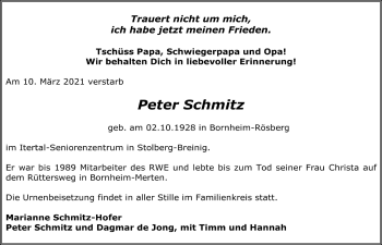 Anzeige von Peter Schmitz von  Schaufenster/Blickpunkt 