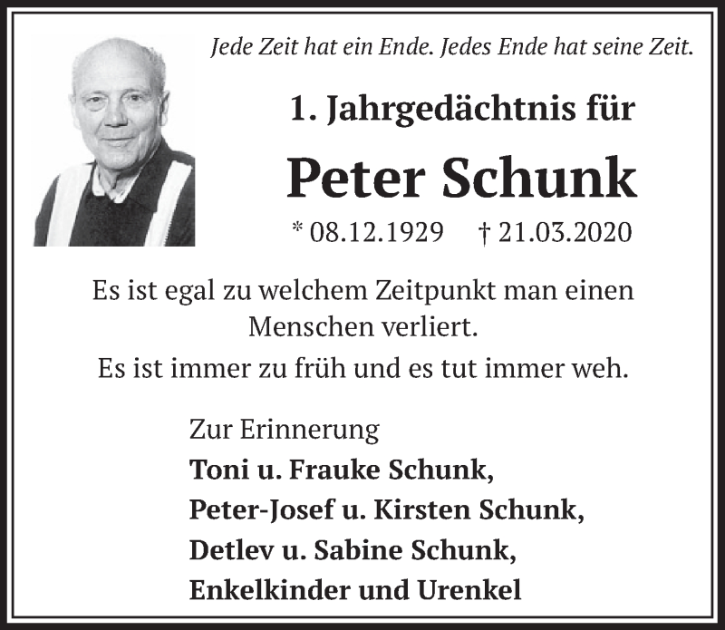  Traueranzeige für Peter Schunk vom 19.03.2021 aus  Schlossbote/Werbekurier 