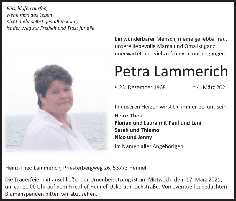  Traueranzeige für Petra Lammerich vom 13.03.2021 aus Kölner Stadt-Anzeiger / Kölnische Rundschau / Express