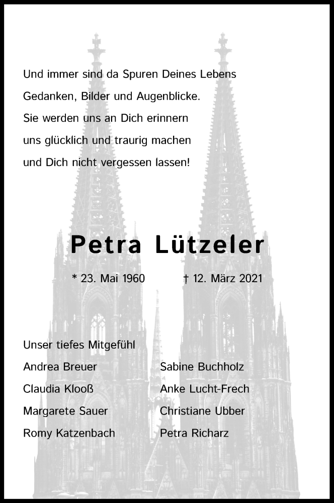  Traueranzeige für Petra Lützeler vom 20.03.2021 aus Kölner Stadt-Anzeiger / Kölnische Rundschau / Express