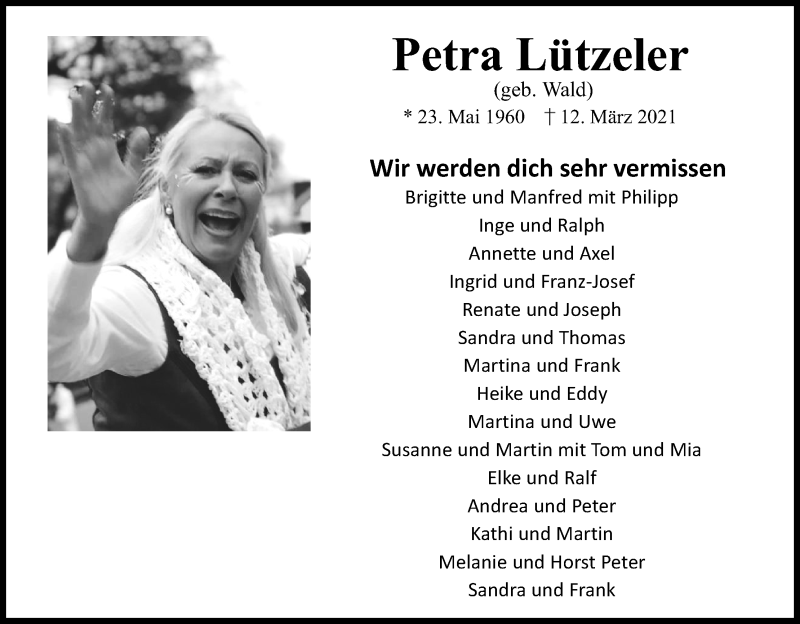  Traueranzeige für Petra Lützeler vom 20.03.2021 aus Kölner Stadt-Anzeiger / Kölnische Rundschau / Express