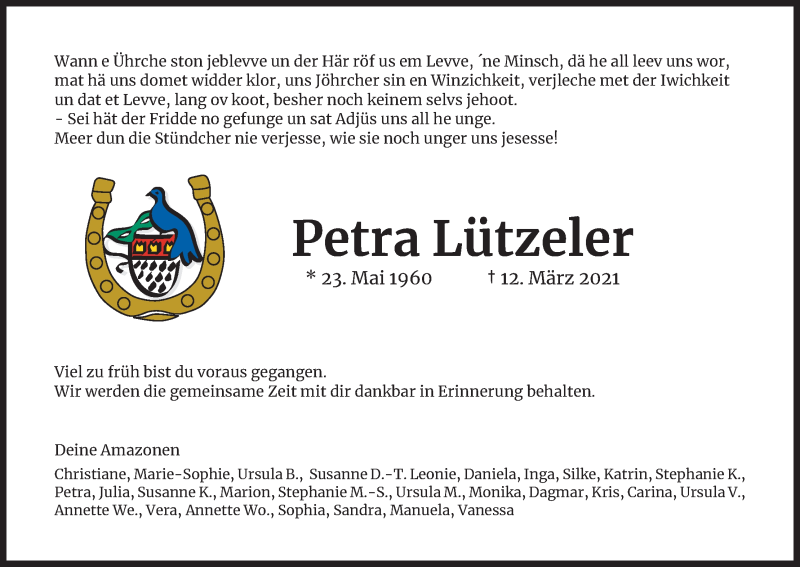  Traueranzeige für Petra Lützeler vom 20.03.2021 aus Kölner Stadt-Anzeiger / Kölnische Rundschau / Express