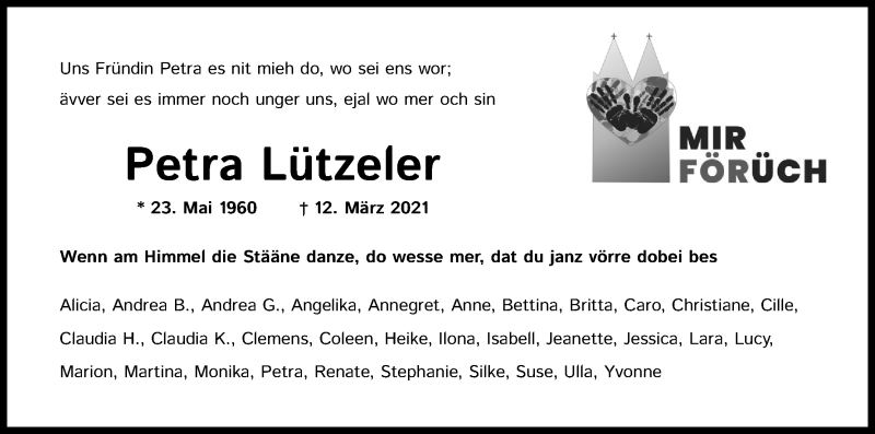  Traueranzeige für Petra Lützeler vom 20.03.2021 aus Kölner Stadt-Anzeiger / Kölnische Rundschau / Express