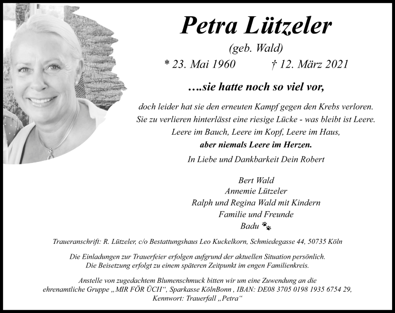  Traueranzeige für Petra Lützeler vom 20.03.2021 aus Kölner Stadt-Anzeiger / Kölnische Rundschau / Express